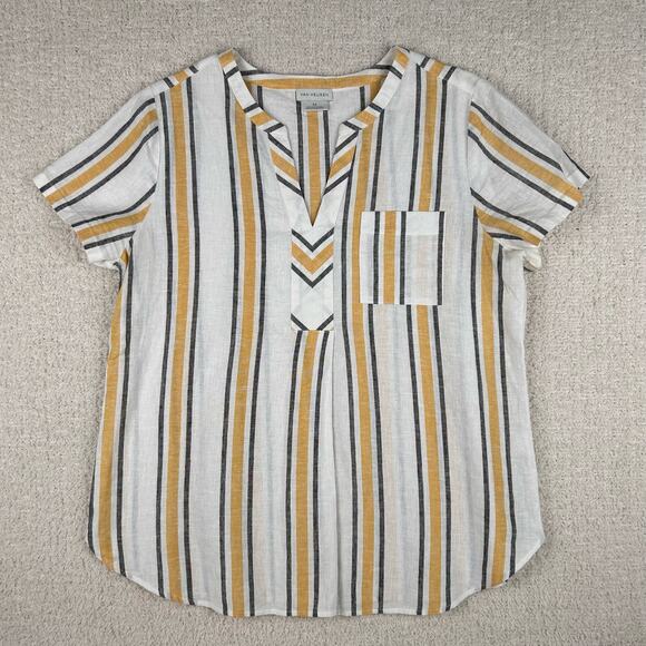 Van Heusen‎ Womens Top M White Yellow Linen Cotton Blend Striped Coastal Blouse - Picture 1 of 10